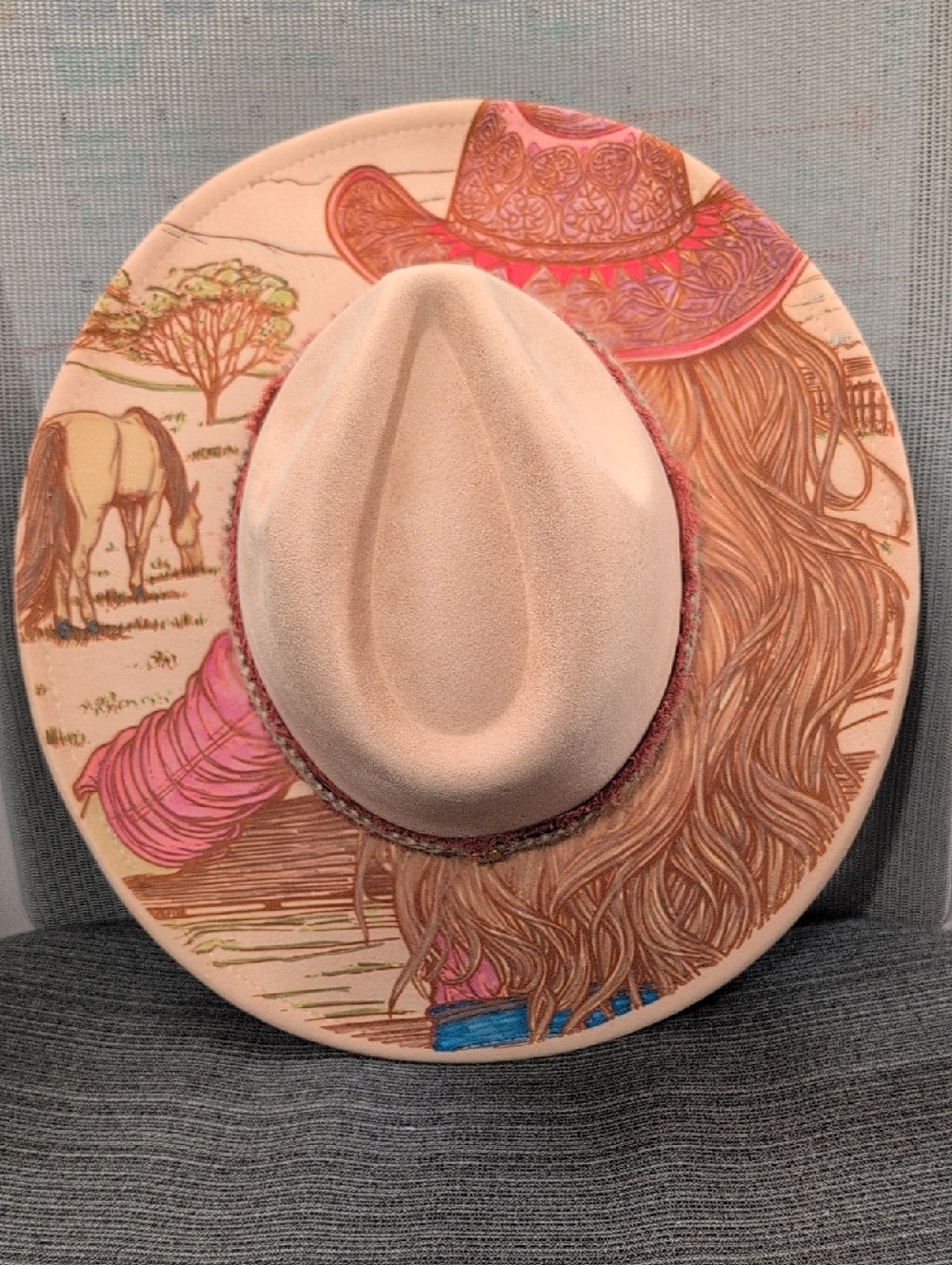 Cowgirl Motif Burned & Hand-Painted Western Boho Hat | Artisan Piece